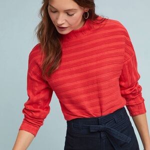Anthropologie Maeve Snap Shoulder Orange Red Ribbed Long Sleeve